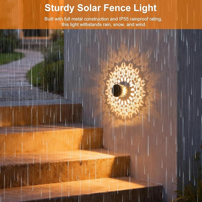 Neoglint 2 Pack Solar Mandala Fence Lights, Decorative Metal Solar Powered Outdoor Wall Deck Lights, IP55 Waterproof Warm White Mandala Lights Outdoor for Garden Patio Backyard Step Decor