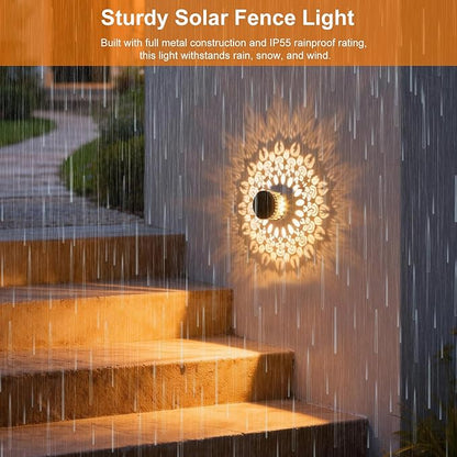 Neoglint 2 Pack Solar Mandala Fence Lights, Decorative Metal Solar Powered Outdoor Wall Deck Lights, IP55 Waterproof Warm White Mandala Lights Outdoor for Garden Patio Backyard Step Decor
