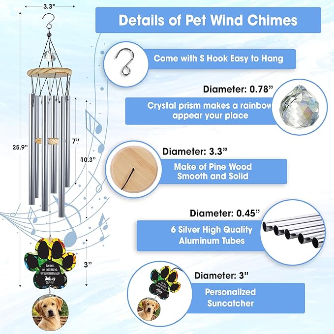 Personalized Pet Memorial Wind Chimes, Custom Photo Crystal Paw Print Suncatcher Ornament, Pet Keepsake Memorial Sympathy Gift for Loss of Dog Cat Lover, Remembrance Wind Chimes Outdoor Décor