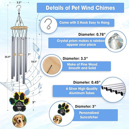 Personalized Pet Memorial Wind Chimes, Custom Photo Crystal Paw Print Suncatcher Ornament, Pet Keepsake Memorial Sympathy Gift for Loss of Dog Cat Lover, Remembrance Wind Chimes Outdoor Décor