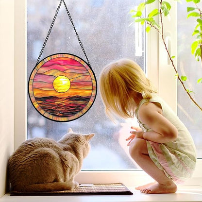 DASTOLL Stained Glass Window Hanging, Sunrise Sea Surface Sun Catchers Diamond Glass Panel Hangings Abstract Suncatcher Decor for Birthday for Women, Men, Wife, Aunt, and Mom 9.8 in