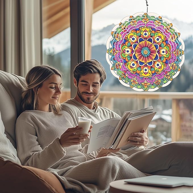 Wind Spinners Outdoor, Hanging Wind Spinner for Garden Decoration, 8 inch 3D Stainless Steel Metal Wind Sculpture for Indoor/Outdoor Decor, Mandala F