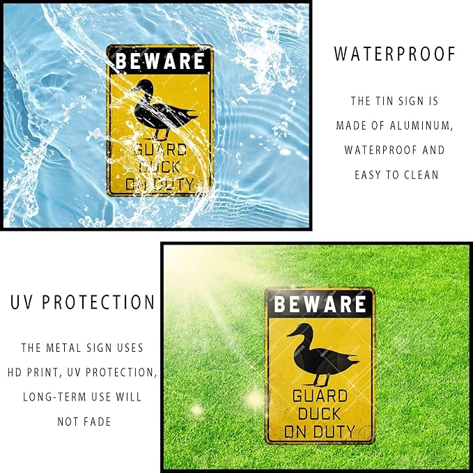 snowsun Beware Guard Duck on Duty Funny Metal Signs Vintage Tin Sign for Home Yard Farm Street Fence Wall Decoration 8×12 Inches