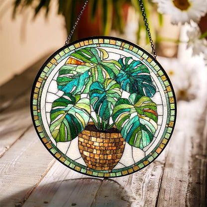 7.8" Green Plant Suncatcher Stained Glass Window Hanging Monstera Plants Sun Catchers Nature Ornaments Wall Art Garden Home Room Yard Door Decor Birthday for Women Mom