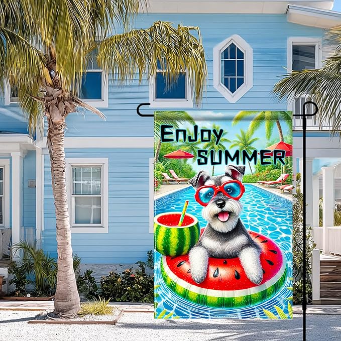 HOMETITUTE Hello Summer Garden Flag Schnauzer Dog 12X18 Inch Print Double Sided Cute Puppy Decorative Yard Flag Banner Poolside Patio Decor Banner Outside Seasonal Holiday Outdoor Decoration