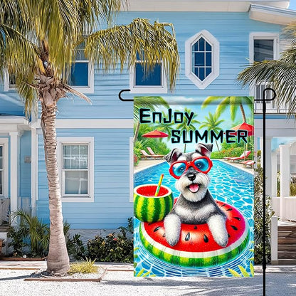 HOMETITUTE Hello Summer Garden Flag Schnauzer Dog 12X18 Inch Print Double Sided Cute Puppy Decorative Yard Flag Banner Poolside Patio Decor Banner Outside Seasonal Holiday Outdoor Decoration