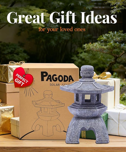 Nacome Solar Pagoda Lantern Garden Statue,Indoor/Outdoor Zen Asian Decor for Landscape Balcony,Garden,Patio,Porch Yard Art Ornament,Polyresin, Stone Finish