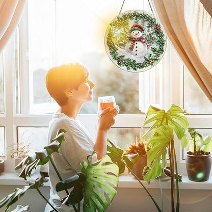 Bimkole Snowman Stained Glass Suncatcher Window Hanging - Christmas Indoor Window or Doorway Decoration - Handmade Sun Catcher Decor for Garden Home Christmas & Birthday Gifts 7.87x7.87 inch