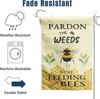 Summer Bee Garden Flag Pardon the Weeds We are Feeding the Bees Yard Sign Outdoor Decor No Mow Spring Flags for Outside 12x18 Double Sided