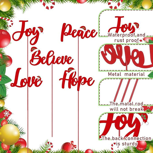 Roowest 5 Pack 12'' H Metal Christmas Yard Stakes Outdoor Decorations Joy Peace Love Believe Hope Garden Signs Christmas Potted Plant Stakes for Holiday Winter Home Lawn Garden Porch Party Decor