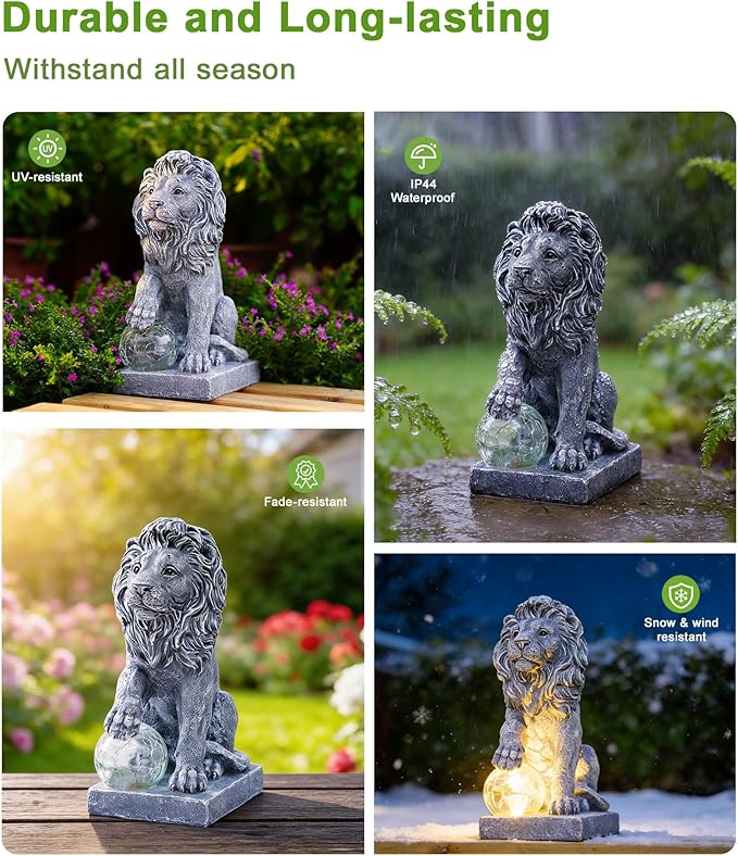 Nacome Guardian Lion Garden Decor: Outdoor Decoration Statue with Ball Lights for Yard Art Porch Patio Balcony - Unique Birthday Choice for Women Mom Lover(9.45in)