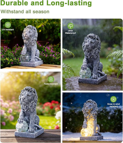 Nacome Guardian Lion Garden Decor: Outdoor Decoration Statue with Ball Lights for Yard Art Porch Patio Balcony - Unique Birthday Choice for Women Mom Lover(9.45in)