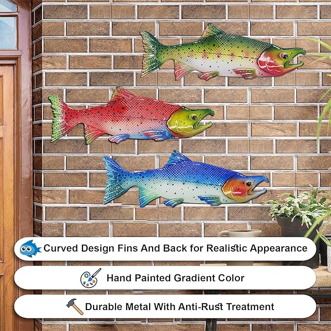 Metal Fish Wall Decor Outdoor Colorful Fish Coastal Ocean Sea Wall Art Sculptures Hanging Decorations for Bedroom, Living Room, Garden, Fence, Patio Set of 3