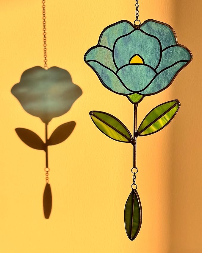 Stained Glass Window Hangings, Handcrafted Garden Suncatchers for Window and Home Decor, Unique Artisan Glass Ornaments for Indoor and Outdoor Use, Blue