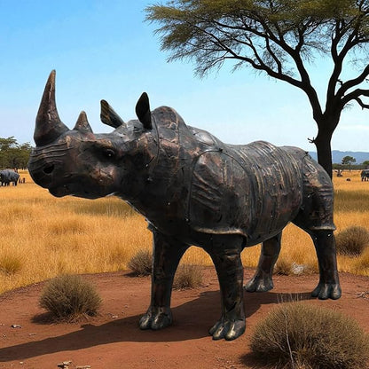 Zaer Ltd. Large Rhinoceros Iron Garden Statue, Powder Coated Metal, 57.5" Tall, Freestanding, Rustic Finish