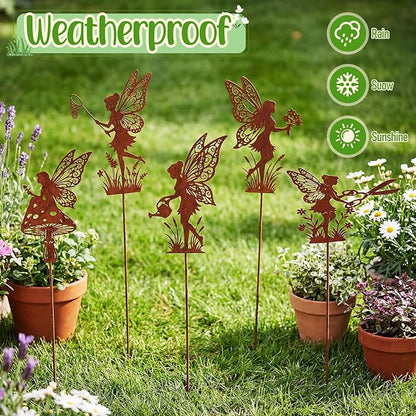 Novabright 5 Pcs Decorative Garden Stakes Metal Fairy Silhouette Set Stakes Outdoor Yard Art Decor Fairy Garden Sign for Lawn Flower Bed Planter Pot Landscaping(Rust)