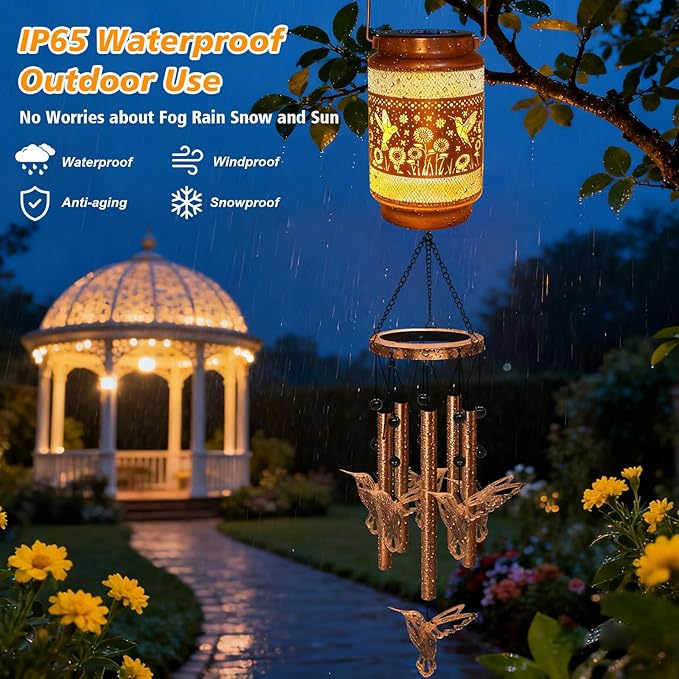 2 Pack Hummingbird Solar Wind Chimes for Outside, Gifts for Mothers Day Mom Women Grandma Birthday Memorial Teacher, 32" Windchimes Outdoor Decor Hanging Solar Lantern for Garden Porch Patio Backyard