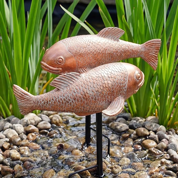Koi Pond Decor - 2PCs Large Ceramic Bronze Antique Koi Fish Statue, Resin Real Fish Sculpture, Elegant Garden Art & Outdoor Statues for Patio