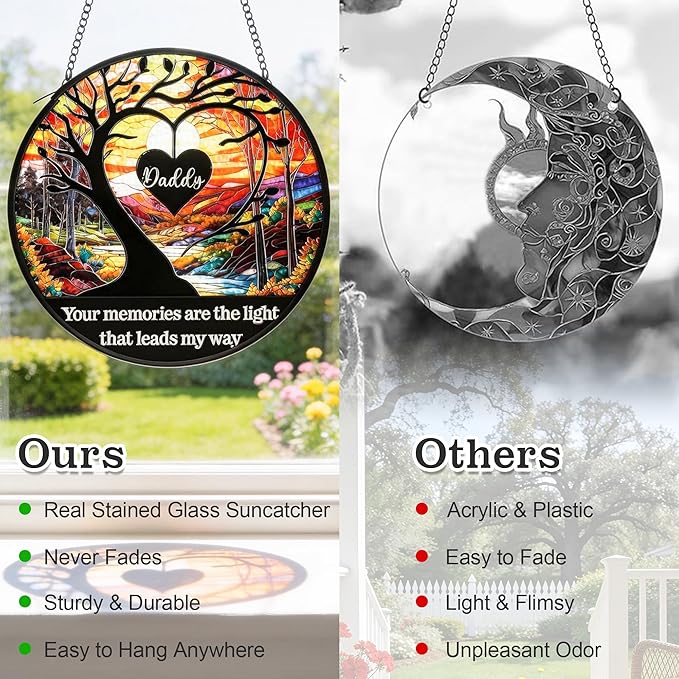 Memorial Sun Catcher for Dad - Your Memories are The Light 6.3" Stained Glass Window Hanging - Emotional Dad Gifts for Birthday, Christmas - Home Decor & Garden Color Catcher