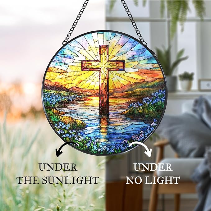 Cross Forget Me Not Stained Glass Window Hanging Suncatcher, Christian Flower Sunset Sun Catcher Indoor Window Decor Gifts, Religious Painted Glass Round Wall Hanging Decorations 7.8x7.8 in