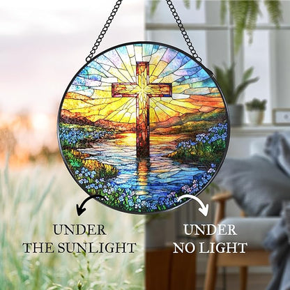 Cross Forget Me Not Stained Glass Window Hanging Suncatcher, Christian Flower Sunset Sun Catcher Indoor Window Decor Gifts, Religious Painted Glass Round Wall Hanging Decorations 7.8x7.8 in