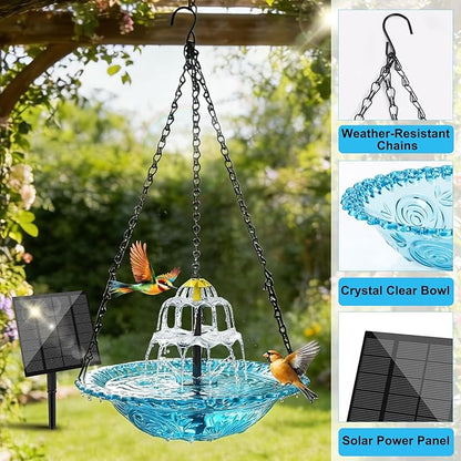 Yeomi Solar Fountain for Bird Bath, Solar Cascade Hanging Bird Bath Fountain, Large Hummingbird Bath with Solar Pump & Blue Glass Bowl, Outdoor Garden Decor
