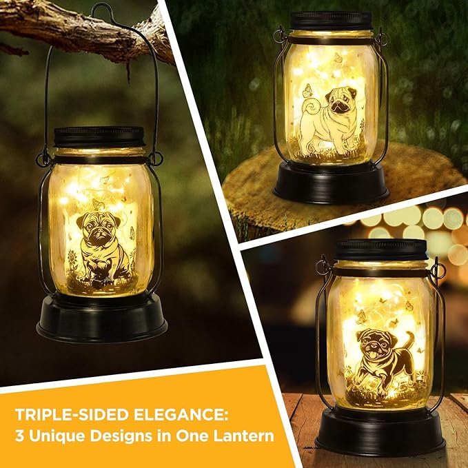 Pug Dog Gifts for Women/Men Pug Dog Solar Lanterns Mom Birthday Gift Pet Loss Lantern Pet Memorial Lights Solar Garden Decoration for Yard, Patio,Backyard,Porch Torches
