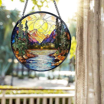 kdqua Mountain Suncatcher Stained Glass Window Hanging, Nature Sunset River Landscape Sun Catchers Indoor Window Glass Round Wall Decor, Mountain Wall Art Hanging Decorations Statues, 7.9x7.9in