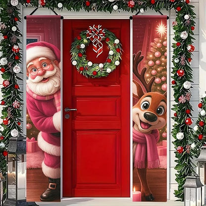 BlissYard Christmas Porch Banners 12x71 Inch Merry Christmas Banner Snowflakes Reindeer Pink Santa Door Cover Winter Holiday Banner Xmas Door Decor Welcome Hanging Signs for Front Door Porch Outdoor Home Party Decorations