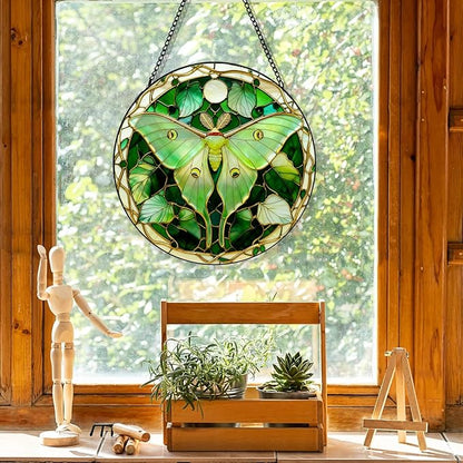 Stained Glass Window Hanging, Luna Moth Butterfly Suncatcher for Window Doors Garden Home Decoration, Green Glass Panel Ornaments for Women,Men,Wife, Lovers, and Mom 7.8×7.8 in