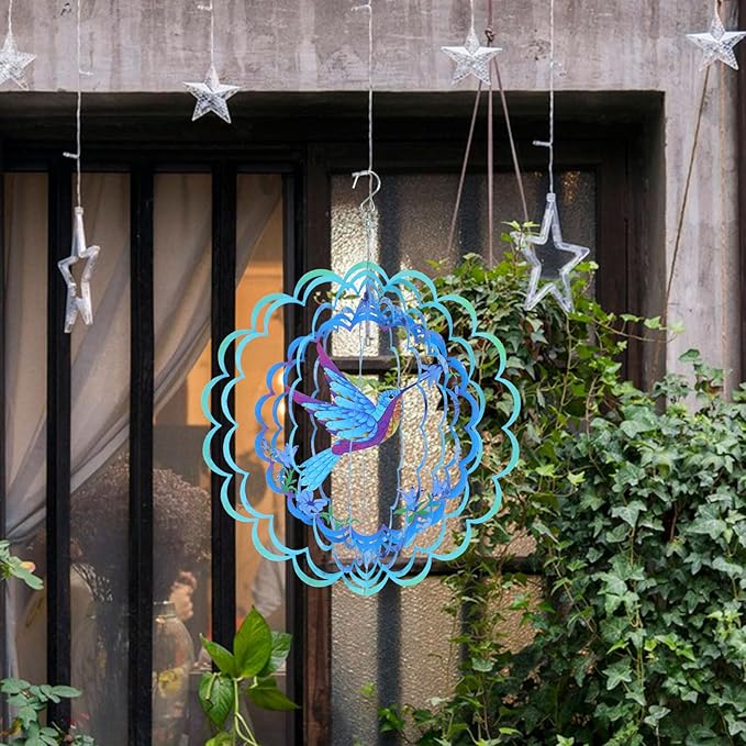 Bnesi Hummingbird Wind Spinner Novel Hummingbird Gifts for Women Metal Hanging Wind Spinner Hummingbird Decor Metal Bird Wind Chimes Hummingbird House Yard Art Garden Decor (Hummingbird)