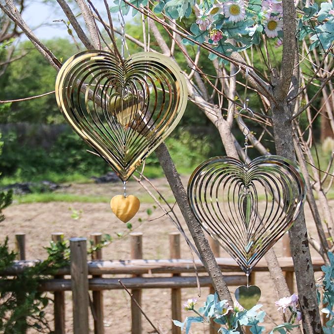Phuryllic Wind Spinners Outdoor, Garden Decor, Bird Deterrents for Outside, 3D Metal Yard Decorations for Patio & Porch, Unique Gardening Gifts for Women & Moms - 8in Silver Heart