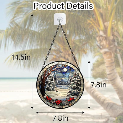 DASTOLL Stained Glass Window Hanging Christmas Tree Winter Snow Night Scenery 7.8" - Suncatcher Door Garden Kitchen Sun Catcher Home Decor Birthday for Mom Men Woman Friend