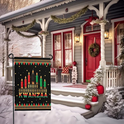 Kwanzaa Garden Flag Double Sided Polyester Yard Banner with Kinara and Red Black Green Candles Holiday Outdoor Flags for African American Heritage Celebration Décor 12x18 Inch