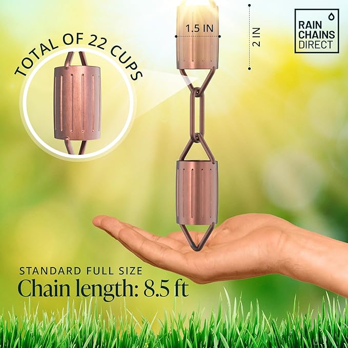 Rain Chains Direct - Scallop Rain Chain - 8.5 FT - Pure Solid Copper - Premium Rain Chains for Gutters