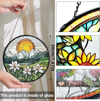 Bimkole Sun Mountain Stained Glass Suncatcher Window Hanging - Flowers Indoor Window or Doorway Decoration - Handmade Sun Catcher Decor for Garden Home Christmas & Birthday Gifts 7.87x7.87 Inch