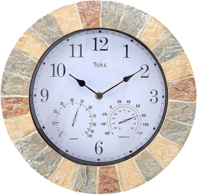 Lily's Home Hanging Wall Clock, Includes a Thermometer and Hygrometer and is Ideal for Indoor and Outdoor Use, Wonderful Housewarming Gift for Friends, Faux-Stone (13 Inches)