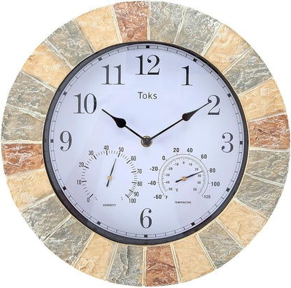Lily's Home Hanging Wall Clock, Includes a Thermometer and Hygrometer and is Ideal for Indoor and Outdoor Use, Wonderful Housewarming Gift for Friends, Faux-Stone (13 Inches)