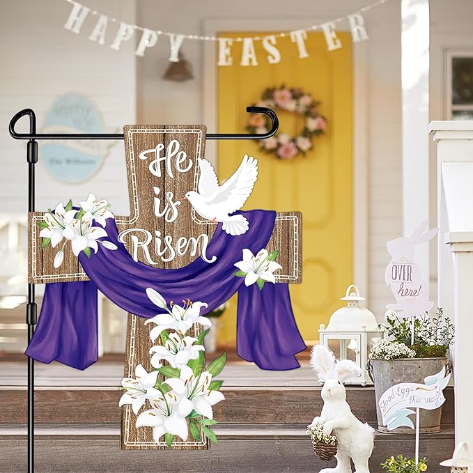 He is Risen Easter Decorations Cross Garden Banner Double-Sided Printed Flag Sheep Yard Flags Bunting Outdoor House Yard Rise Christian Jesus Lily Flowers Spring Seasonal Decoration Cross