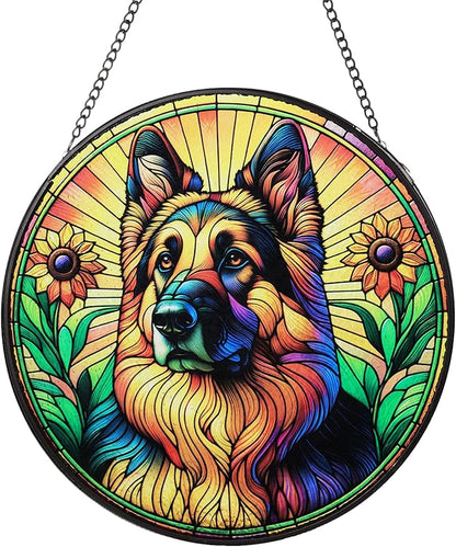 Stained Glass Dog Memorial Suncatcher,German Shepherd Window Hanging,Sympathy Gifts for Pet Loss,7.9 inch/20 cm Home and Garden Decor for Dog Lovers