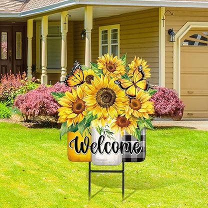 JarThenaAMCS Summer Sunflower Metal Garden Stakes Flower Welcome Yard Sign Watercolor Floral Vase Decorative Lawn Sign for Home Outside Lawn Porch Decor