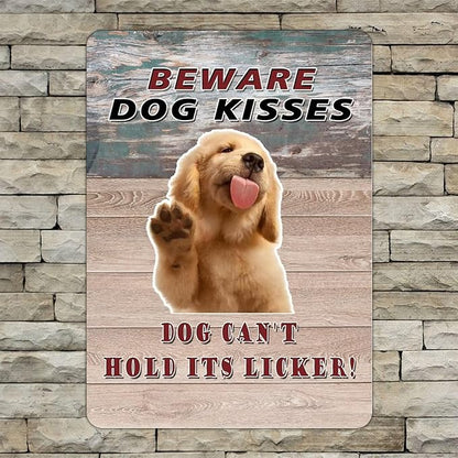 Beware Dog Kisses Dog Can't Hold Its Licker Street Metal Signs Vintage Man Cave Warning Aluminum Metal Tin Sign for Garden Patio Yard Cafe Pub Home Decor Wall Art Print Poster 12x16