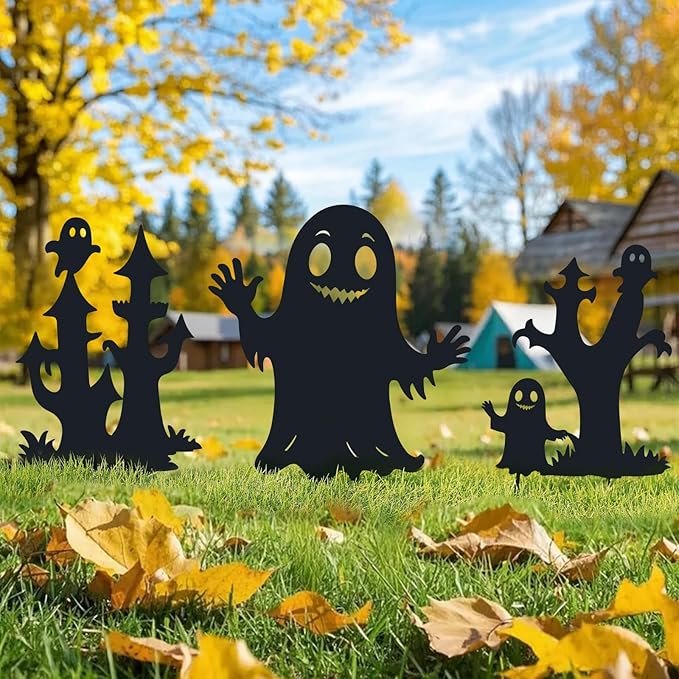 Halloween Decorations White Ghost Metal Decorative Garden Stakes,Halloween Ghosts Silhouette Statues Decorations for Yard Art,Patio,Backyard,Outdoor,Forests,Lawn Ornaments