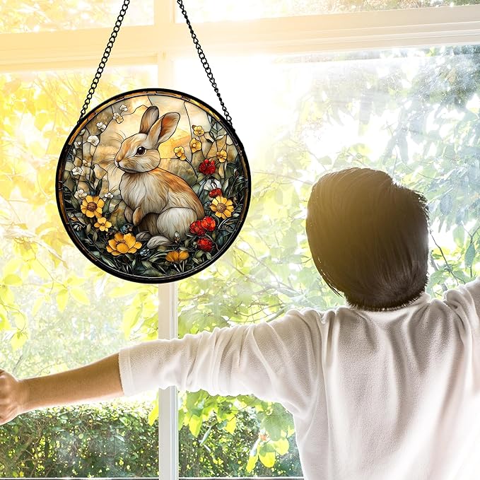 DASTOLL Stained Glass Window Hanging - Rabbit Flowers Suncatcher Ready to Hang Window Doors Home Decoration, Easter, Mother's Day Birthday Gifts for Women, Men, and Mom 11.8x11.8 in