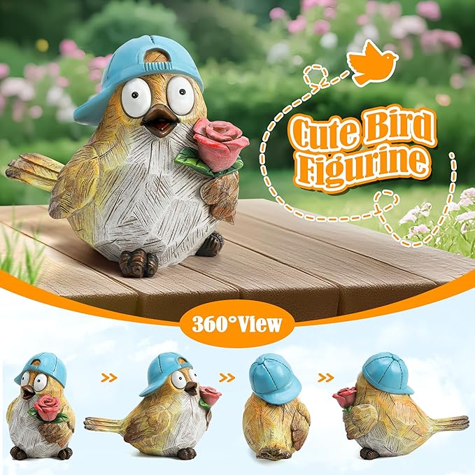 Garden Bird Statue for Decorations Outdoor Animal Figurines Little Bird Holding Flowers Sculpture Birds Figurines for Garden Yard Porch Patio Lawn Outside Home Decor Gift for Woman
