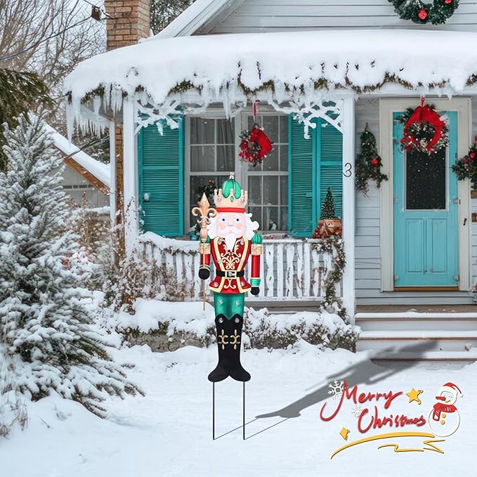 WONDER GARDEN Outdoor Nutcracker Christmas Yard Stakes, Metal Yard Signs, Led Light Soldier King Christmas Yard Decorations for Lawn Party Decorations