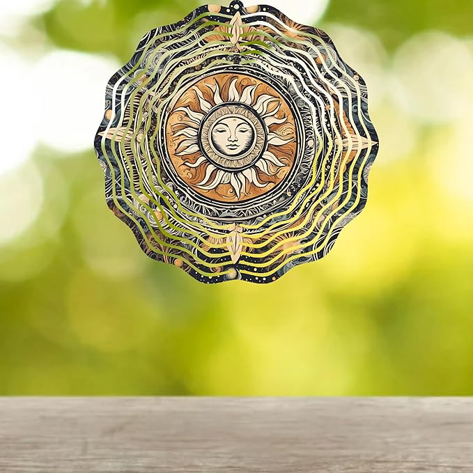 Sun Face Mandala 10" Wind Spinner Outdoor Metal Garden Art Celestial Patio Decoration Cosmic Design Yard Ornament Vibrant Hanging Sculpture