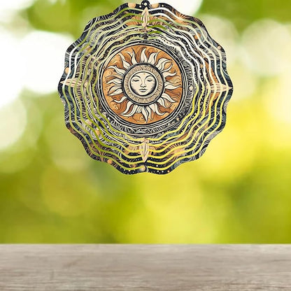 Sun Face Mandala 10" Wind Spinner Outdoor Metal Garden Art Celestial Patio Decoration Cosmic Design Yard Ornament Vibrant Hanging Sculpture