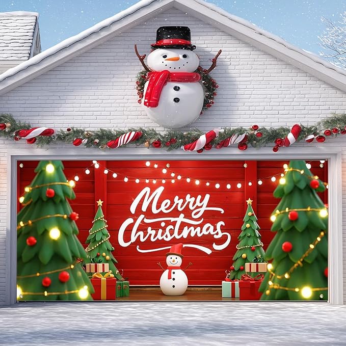IVN Christmas Garage Door Cover Decoration 13x6ft Snowman Cartoon Trees String Lights Design Merry Christmas Winter Garage Door Banner Home Door Front Yard Decor for Xmas Eve Holiday Outdoor