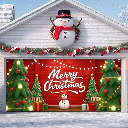 IVN Christmas Garage Door Cover Decoration 13x6ft Snowman Cartoon Trees String Lights Design Merry Christmas Winter Garage Door Banner Home Door Front Yard Decor for Xmas Eve Holiday Outdoor